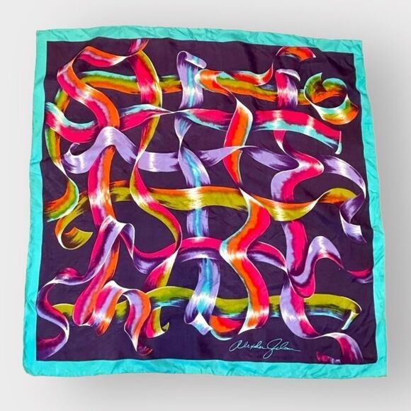 Alexander Julian Silk Scarf Scrolling Ribbons Plum Turquoise Hand Rolled - Picture 6 of 9